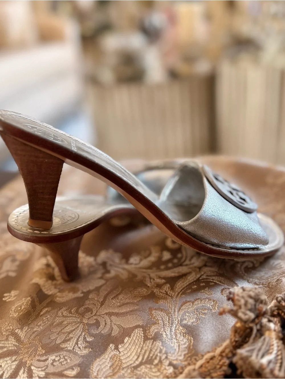 Tory Burch Metallic Silver Logo Slide Mules